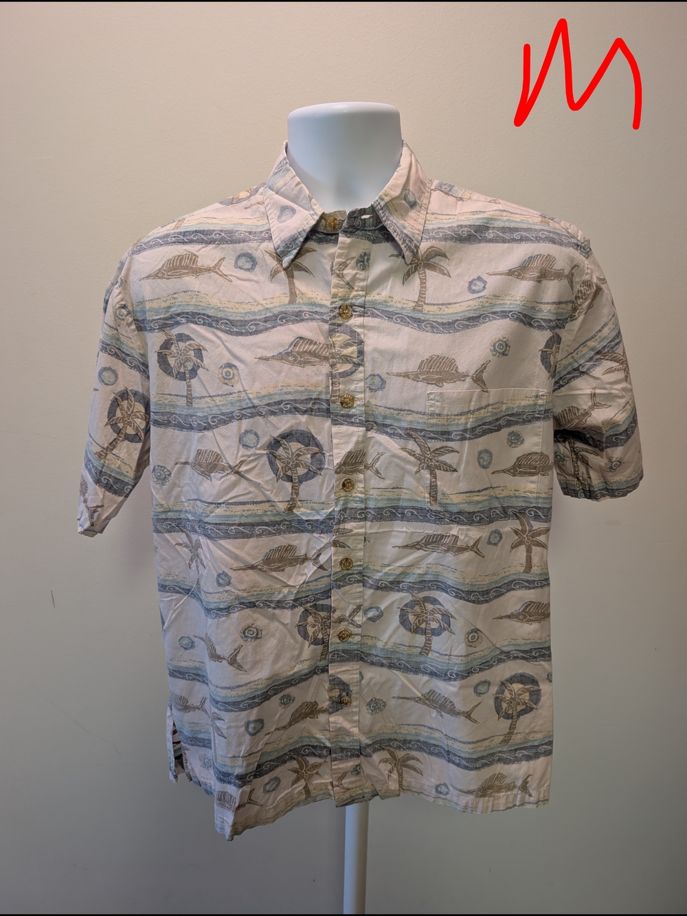 Men's Casual Short-Sleeve Button-Down Shirt - Beige Blue Tropical Print